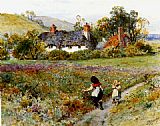 Famous Children Paintings - Children Playing On A Path, Cottages Beyond